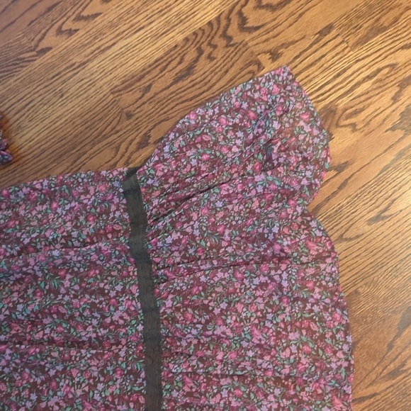 In Bloom Pink floral sheer  Bishop Sleeve Ruffled Tiered Prairie Midi Dress Sz M - Picture 8 of 11